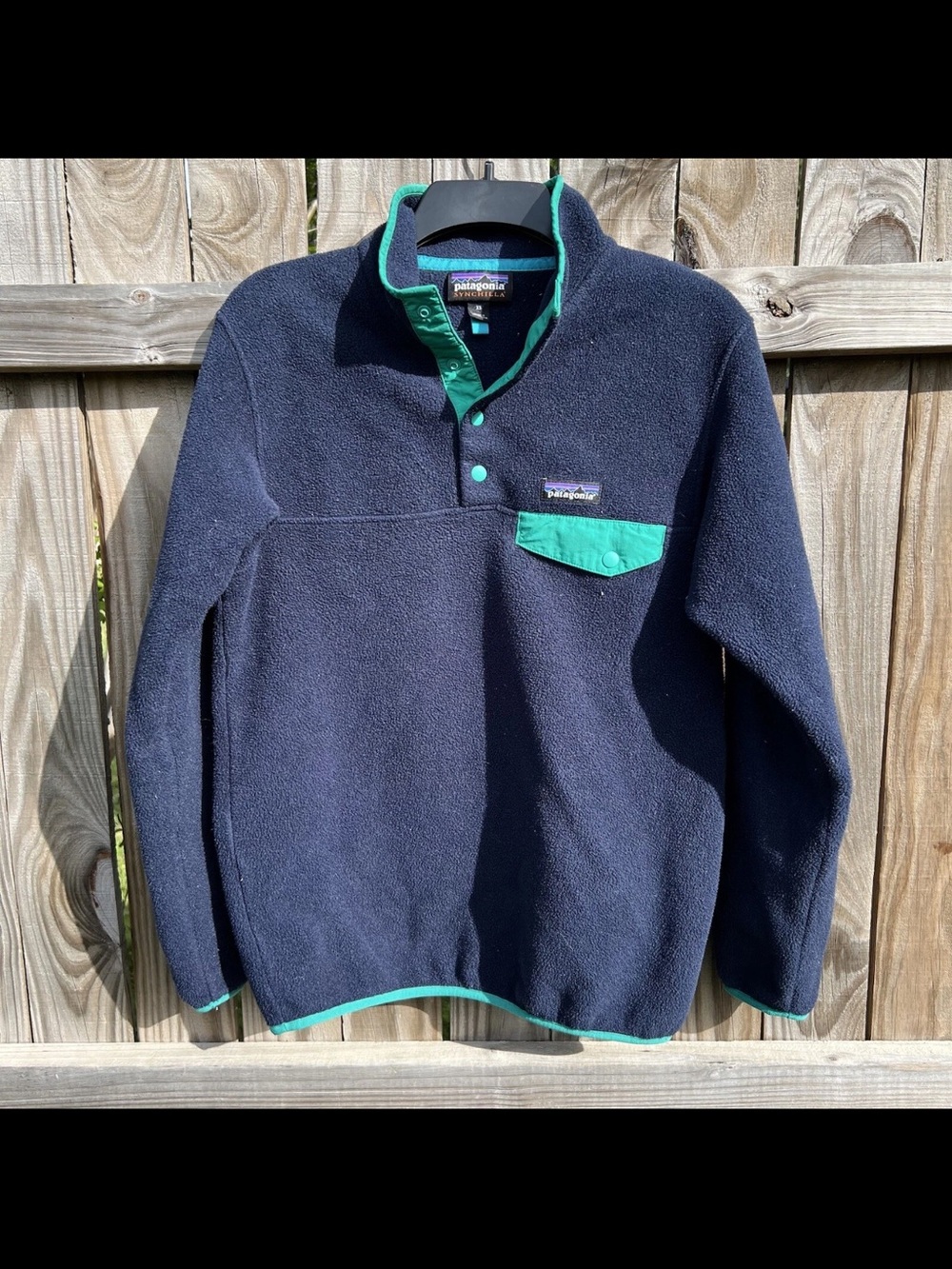 Patagonia Navy Fleece Pullover with Green Accent